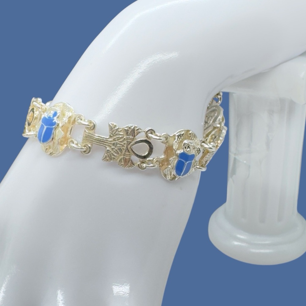 Vintage Sterling Turquoise Blue Enamel Scarab & Flower Link Bracelet